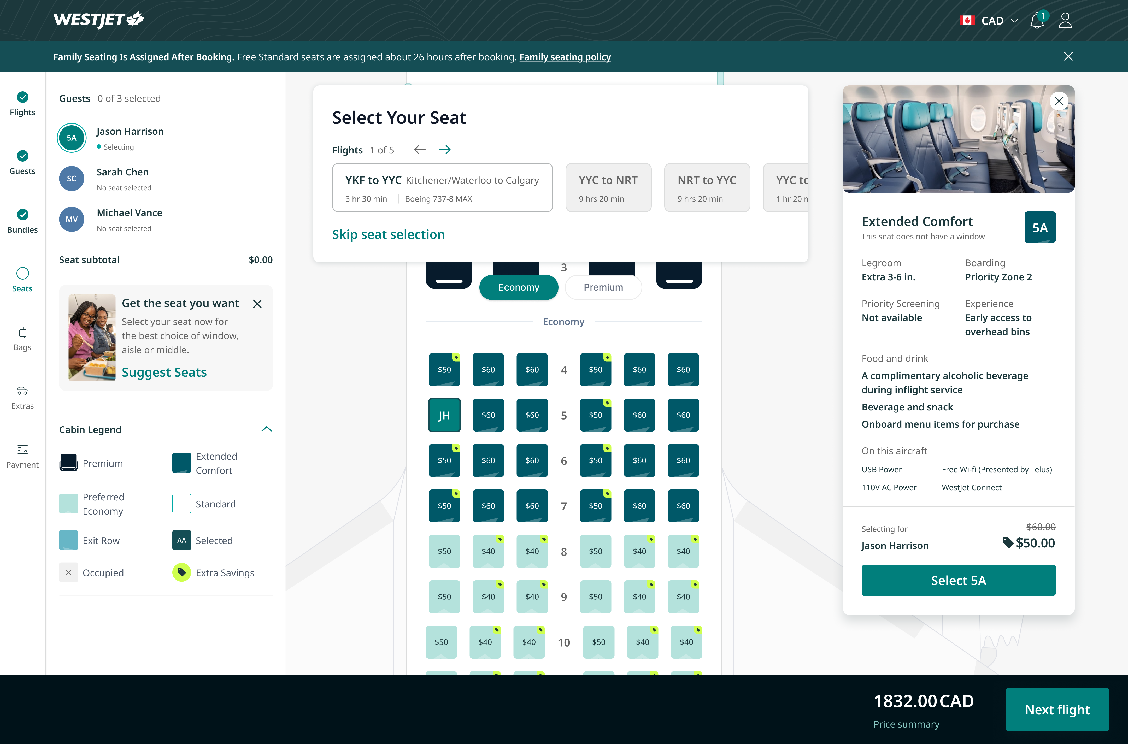 Seat map with a family seating banner across the top, a 'Sit with your group' card in the side panel, and the price summary panel open