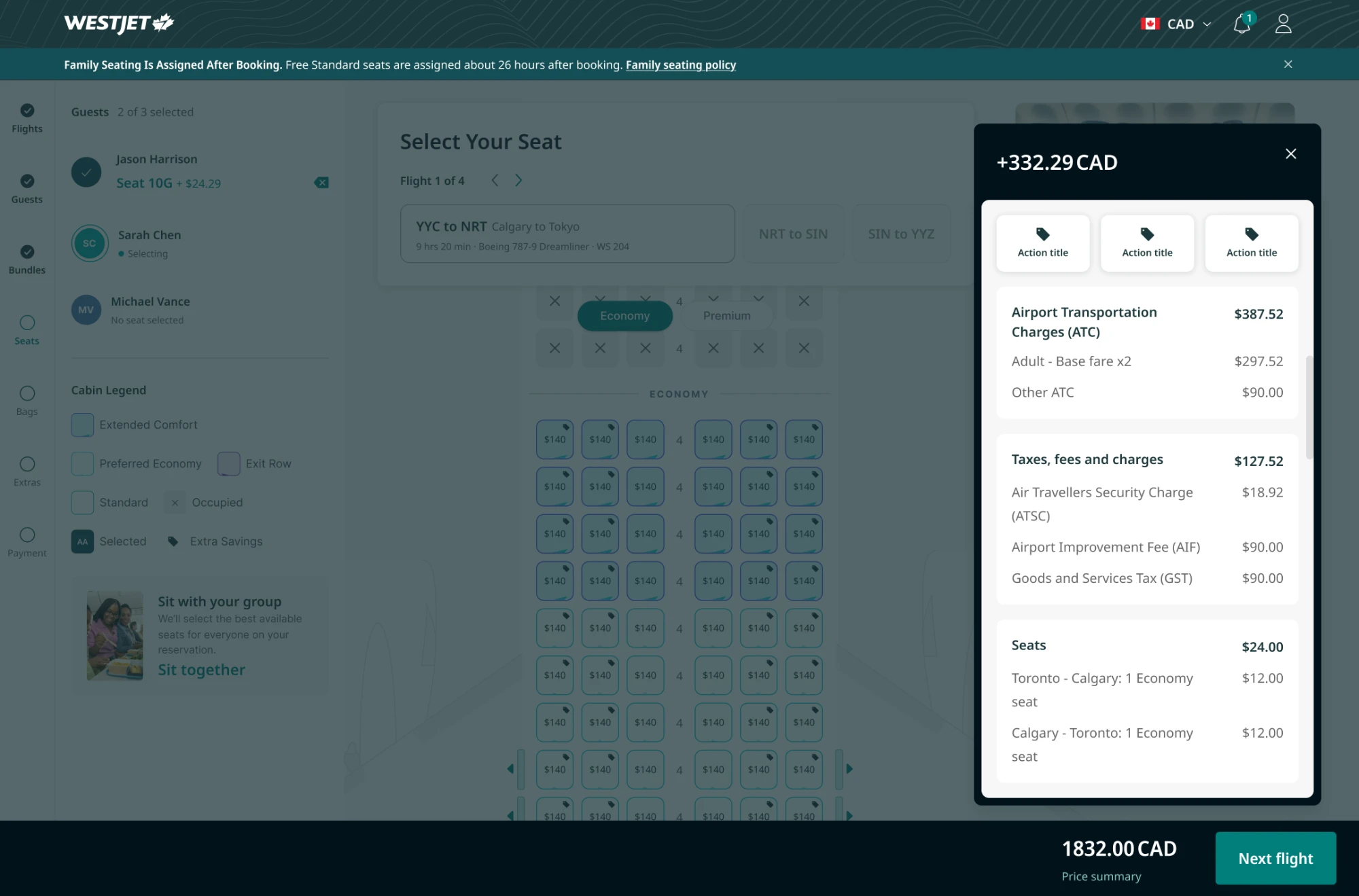 The same seat map with the price summary open over it, listing airport transportation charges, taxes and fees, and seats, each with its total