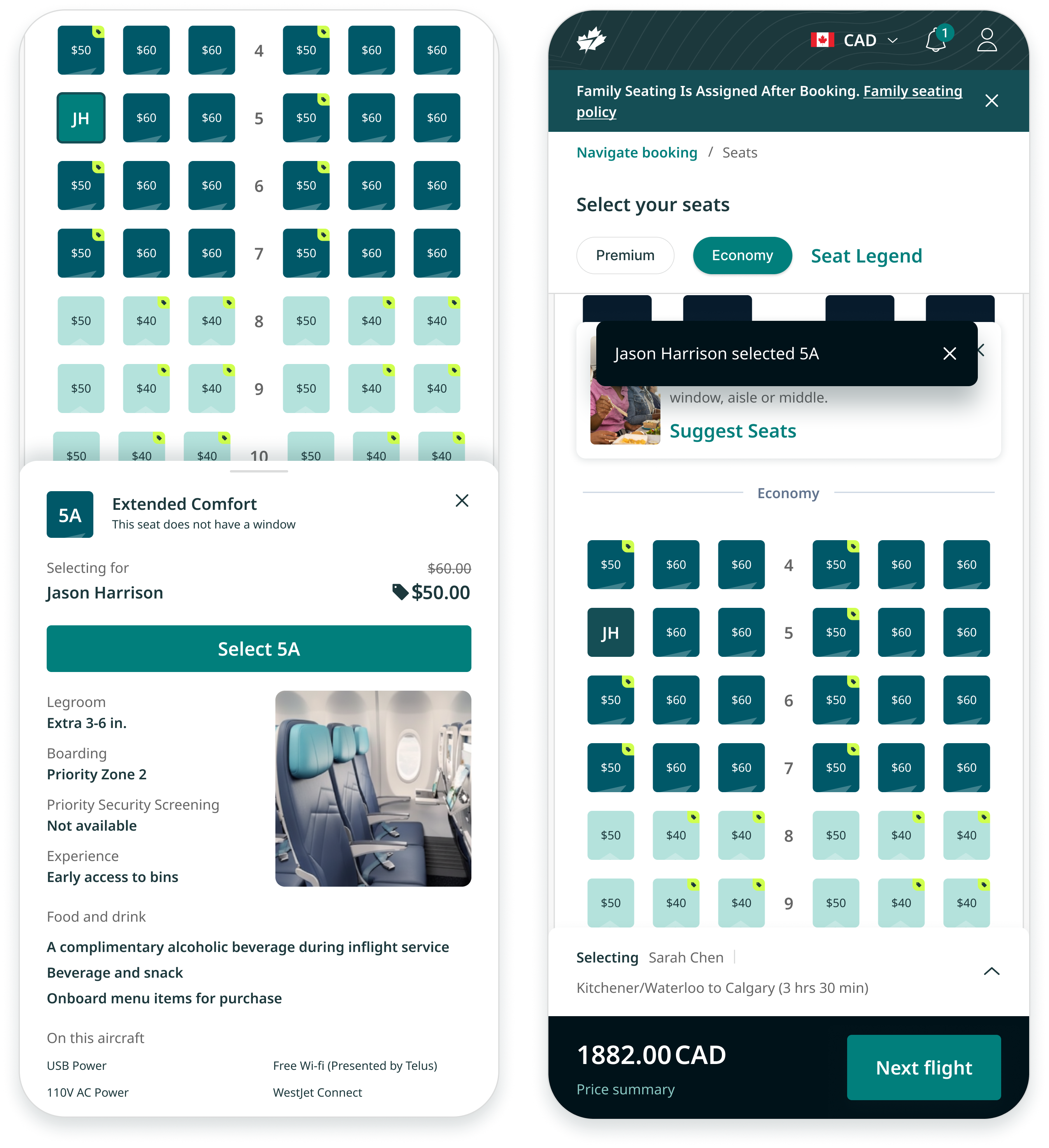 Two phone screens showing seat map selection and passenger list