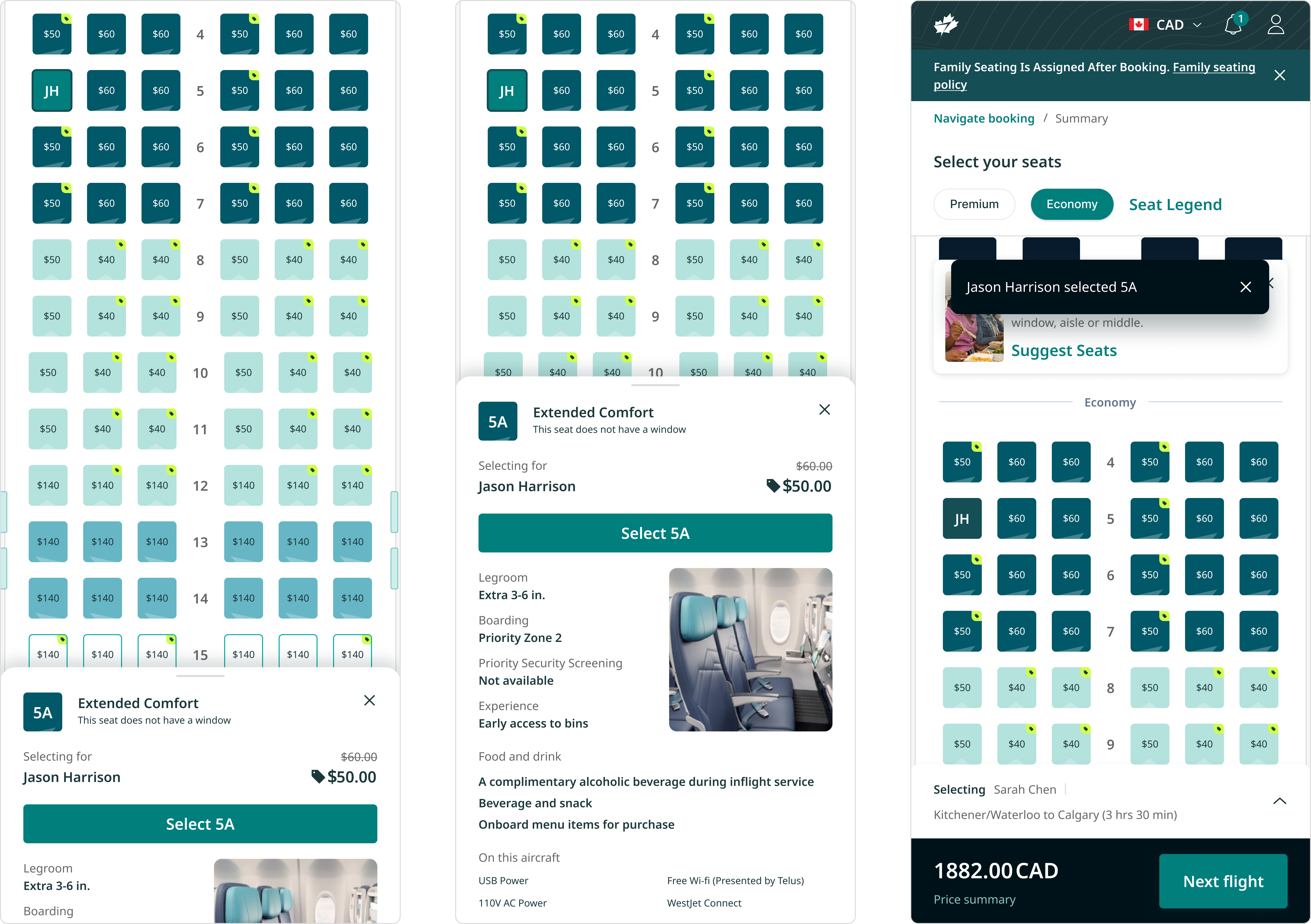 Two phone screens: a seat detail bottom sheet with price and perks, and the passenger list for choosing who is selecting