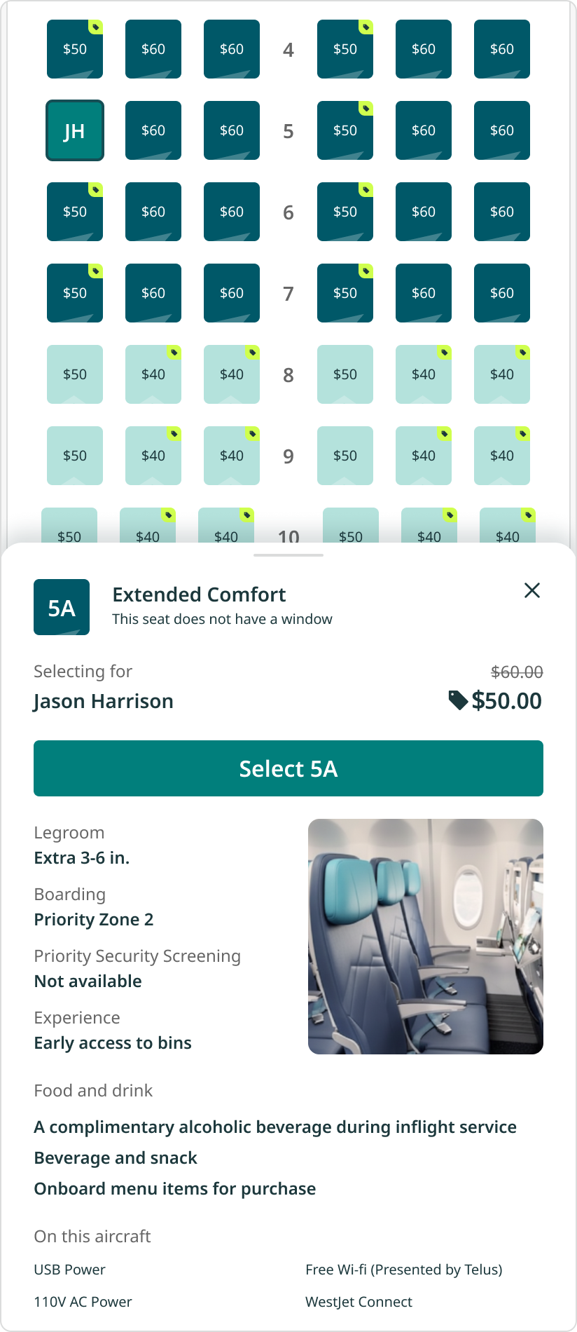 Mobile seat map with bottom sheet showing seat details.
