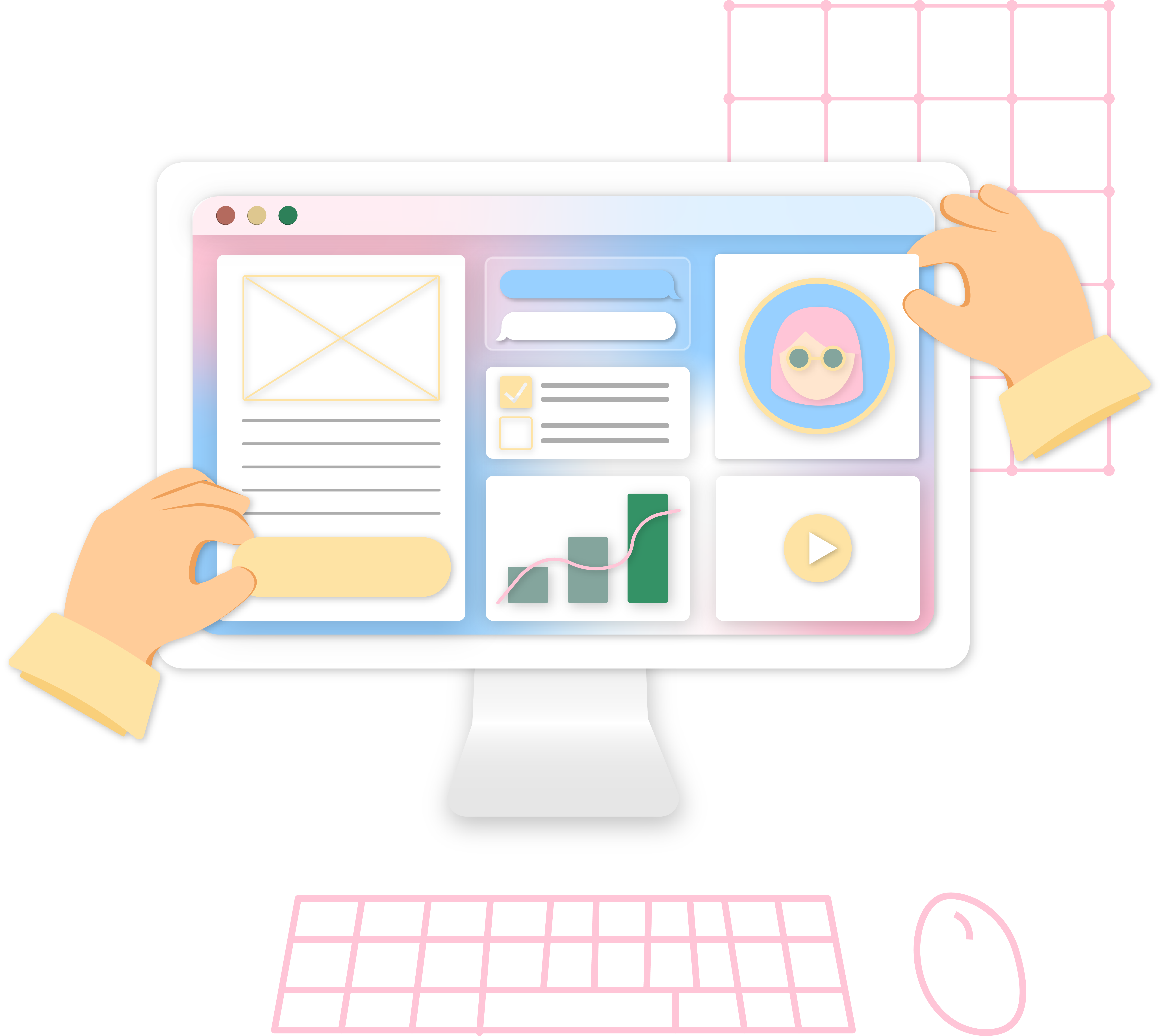 Illustration of hands editing a colourful dashboard on a monitor