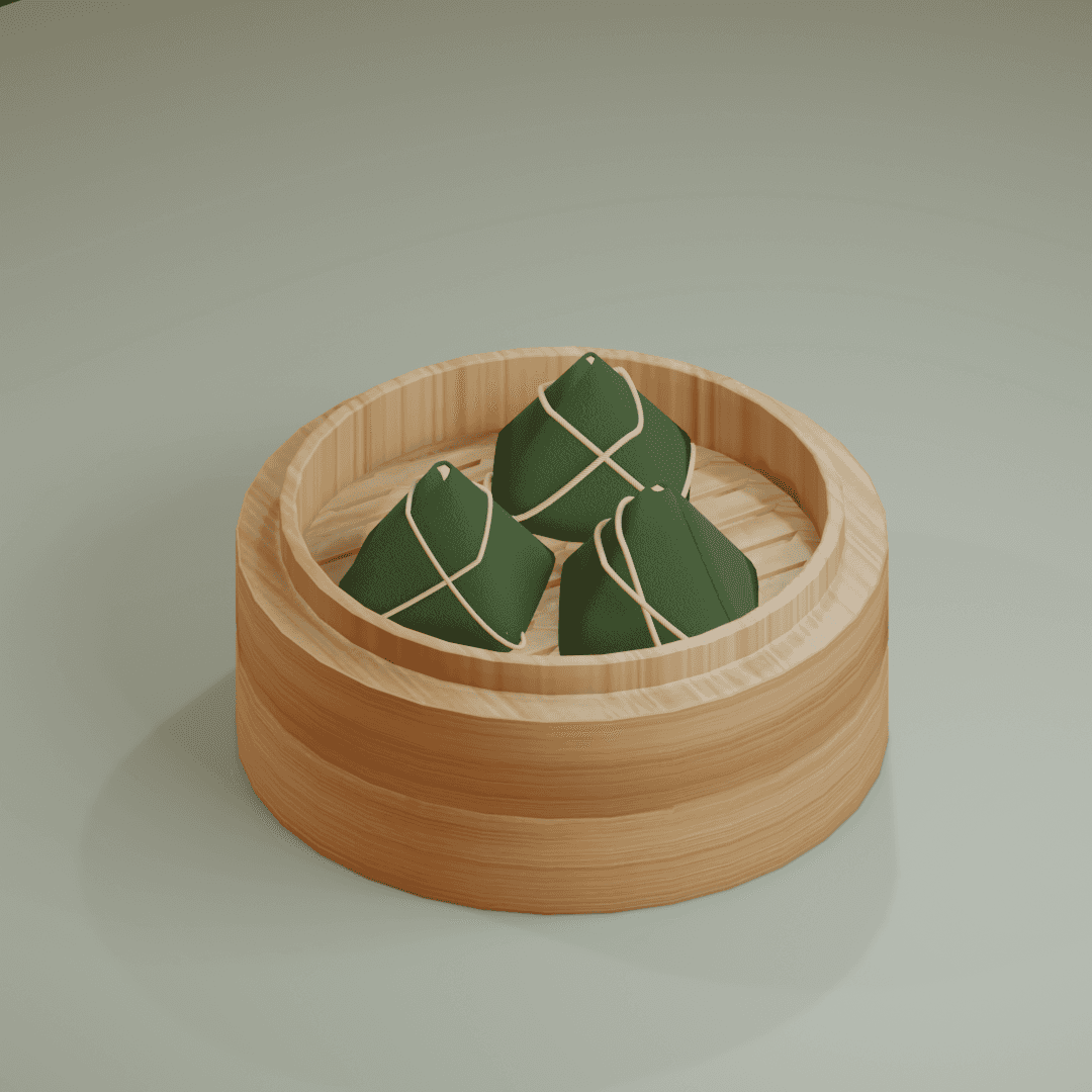 3D rendered bamboo steamer with leaf-wrapped dumplings