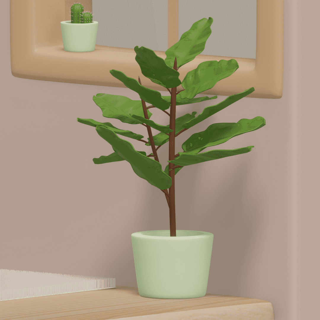 3D rendered plant in a pot on a wooden shelf