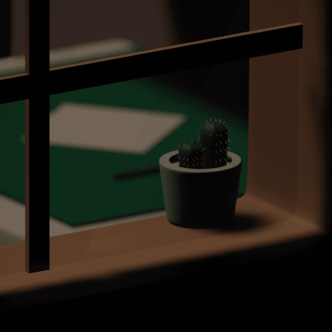 3D rendered cactus on a desk by a window at night
