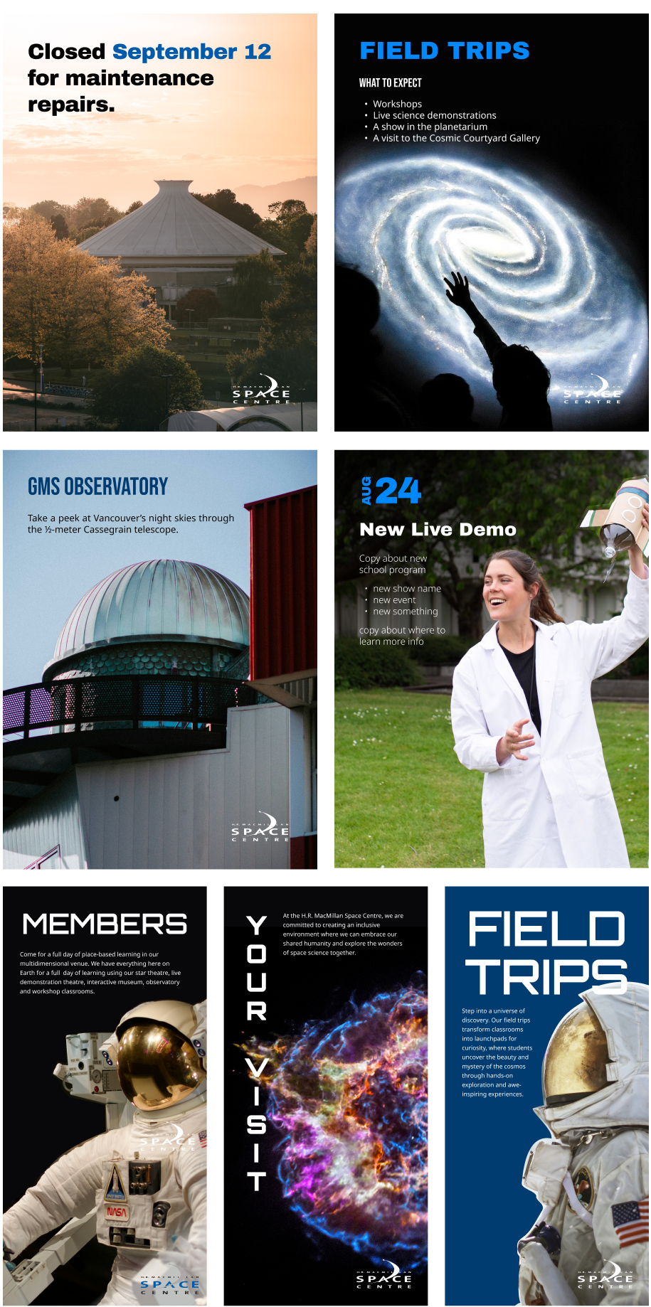Space Centre posters for closures, field trips, the observatory, live demos and memberships, all in the new brand