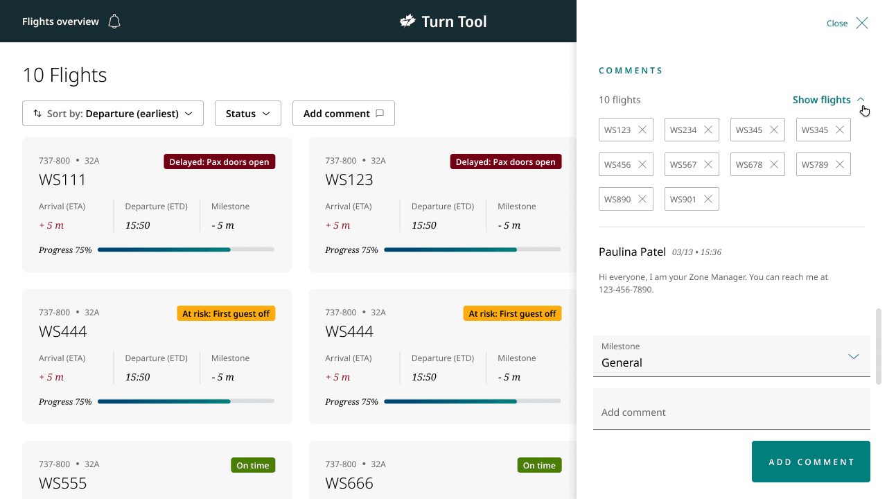 Flight overview with the comment panel open, adding one comment to ten flights at once
