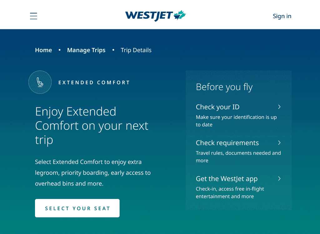 Manage Trips on desktop with an Extended Comfort offer for the guest's next trip