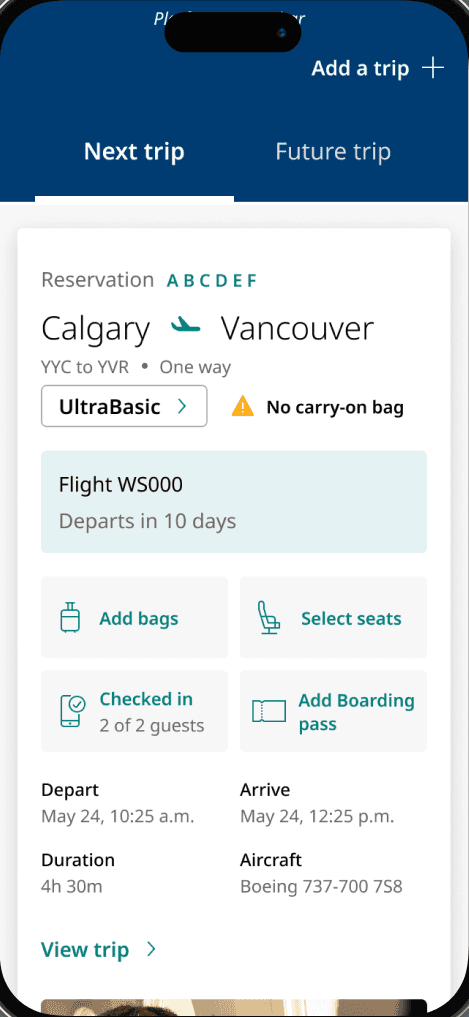 Mobile trip screen for an UltraBasic booking, flagging no carry-on bag
